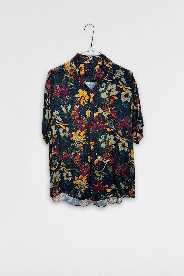 Satinskjorta / L-XL / botaniskt mönster
